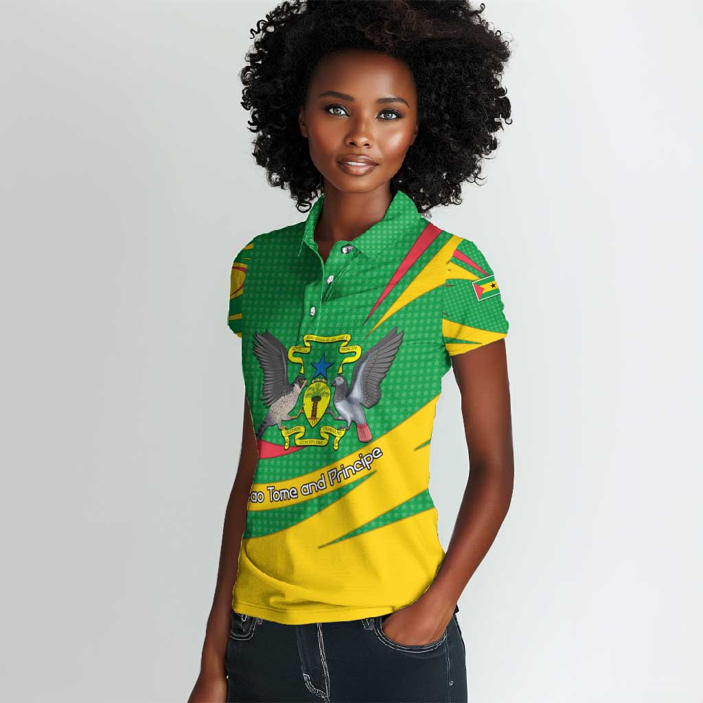 Sao Tome and Principe National Emblem Women Polo Shirt Green Yellow Flag Pattern - African Pride