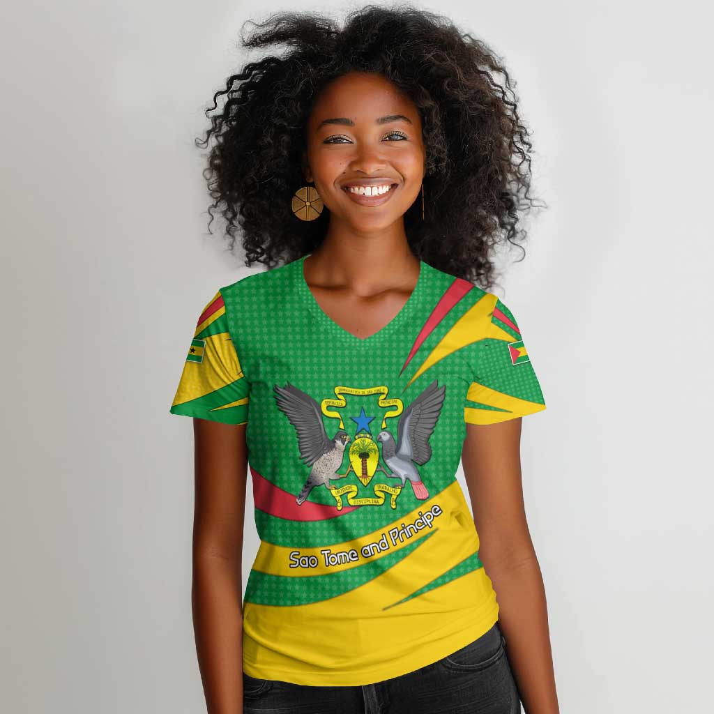 Sao Tome and Principe National Emblem Women V-Neck T-Shirt Green Yellow Flag Pattern - African Pride