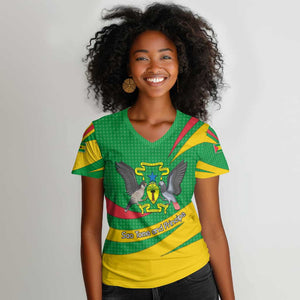 Sao Tome and Principe National Emblem Women V-Neck T-Shirt Green Yellow Flag Pattern - African Pride