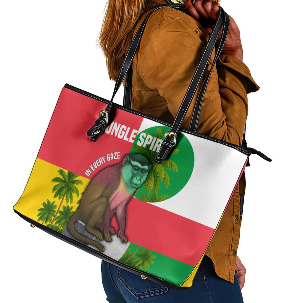 Jungle Spirit Monkey Leather Tote Bag Sao Tome and Principe Tropical Flag Color - African Pride