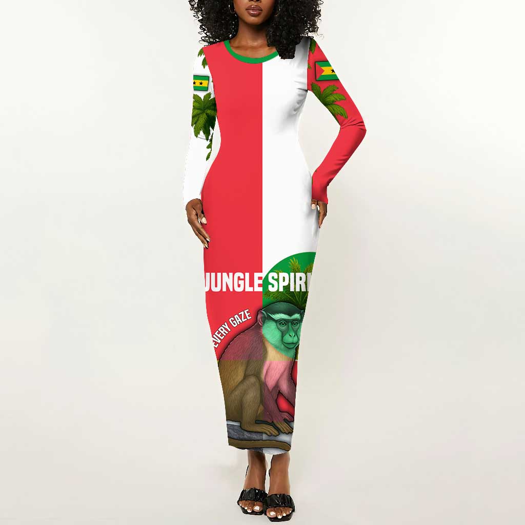 Jungle Spirit Monkey Long Sleeve Bodycon Dress Sao Tome and Principe Tropical Flag Color - African Pride
