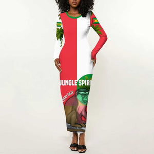 Jungle Spirit Monkey Long Sleeve Bodycon Dress Sao Tome and Principe Tropical Flag Color - African Pride