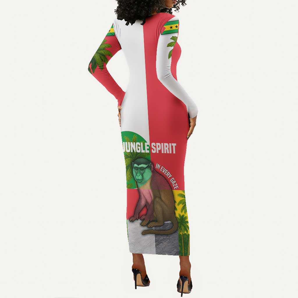 Jungle Spirit Monkey Long Sleeve Bodycon Dress Sao Tome and Principe Tropical Flag Color - African Pride