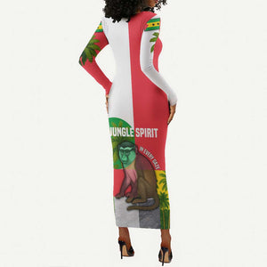 Jungle Spirit Monkey Long Sleeve Bodycon Dress Sao Tome and Principe Tropical Flag Color - African Pride