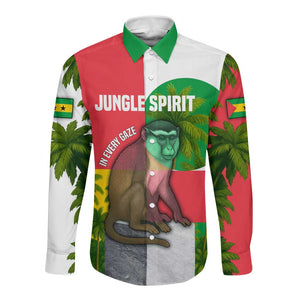 Jungle Spirit Monkey Long Sleeve Button Shirt Sao Tome and Principe Tropical Flag Color - African Pride