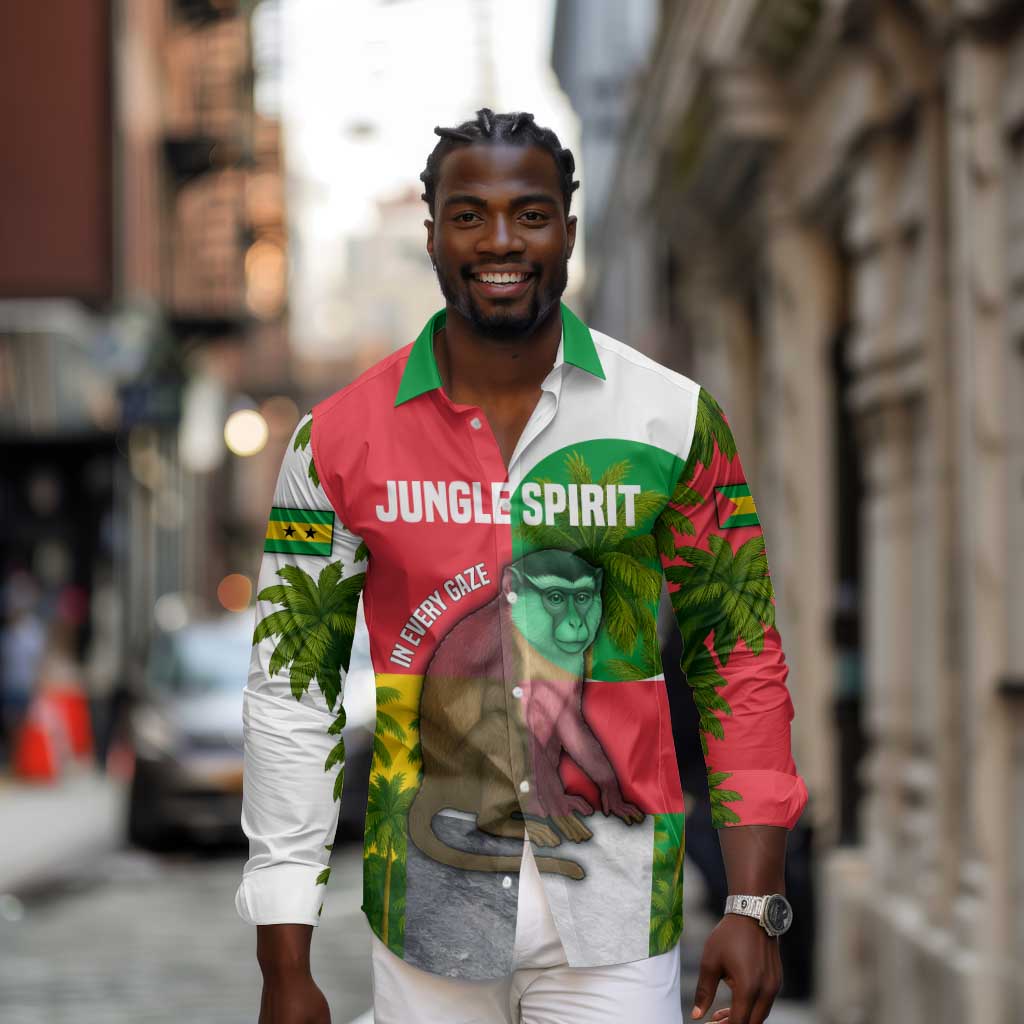 Jungle Spirit Monkey Long Sleeve Button Shirt Sao Tome and Principe Tropical Flag Color - African Pride