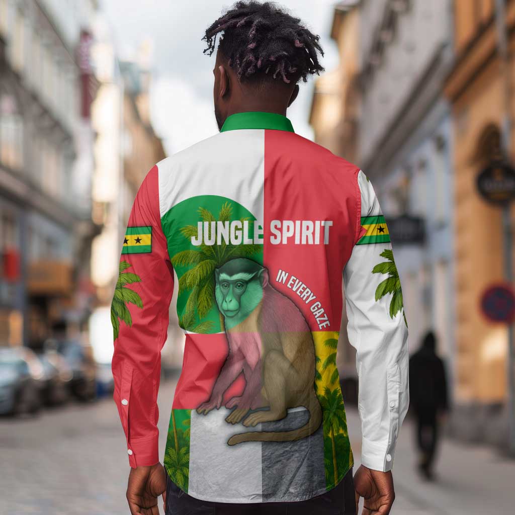 Jungle Spirit Monkey Long Sleeve Button Shirt Sao Tome and Principe Tropical Flag Color - African Pride