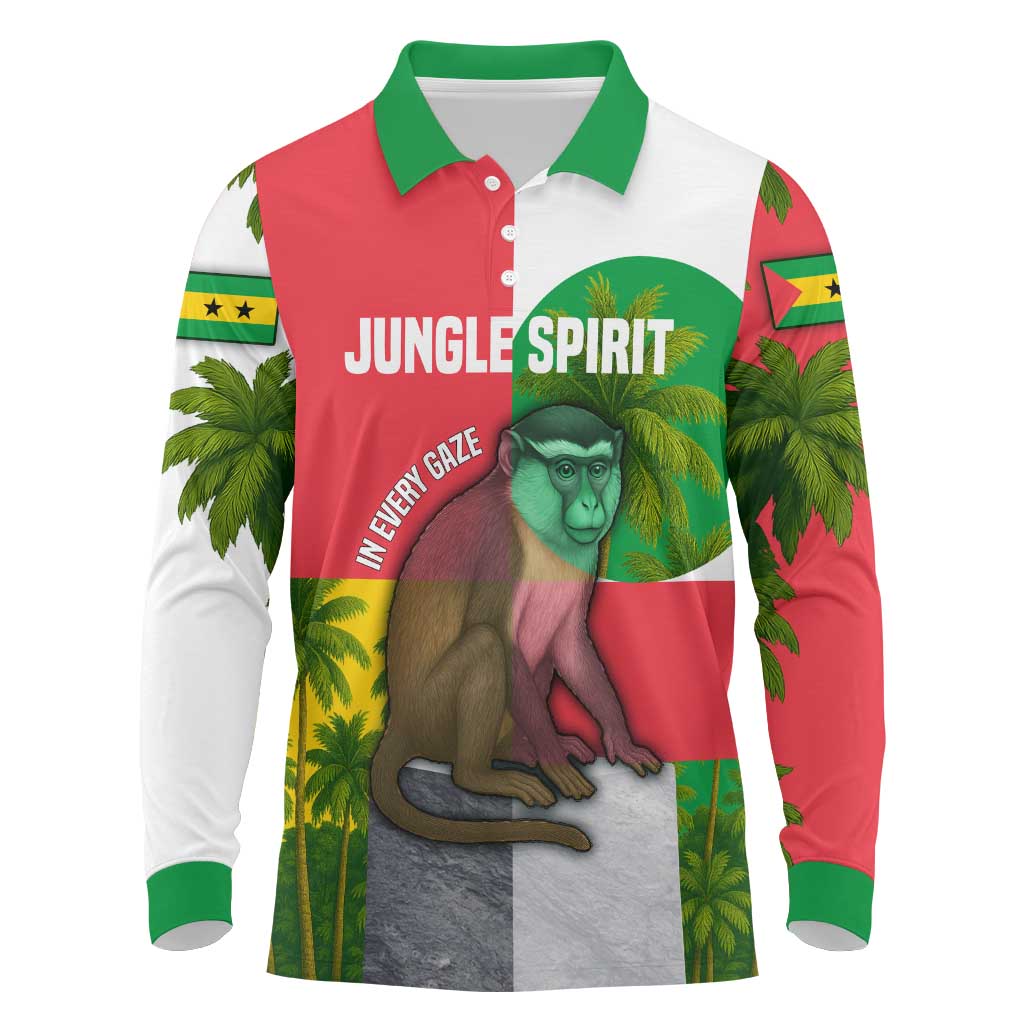 Jungle Spirit Monkey Long Sleeve Polo Shirt Sao Tome and Principe Tropical Flag Color - African Pride