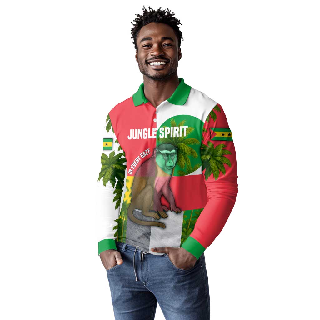 Jungle Spirit Monkey Long Sleeve Polo Shirt Sao Tome and Principe Tropical Flag Color - African Pride