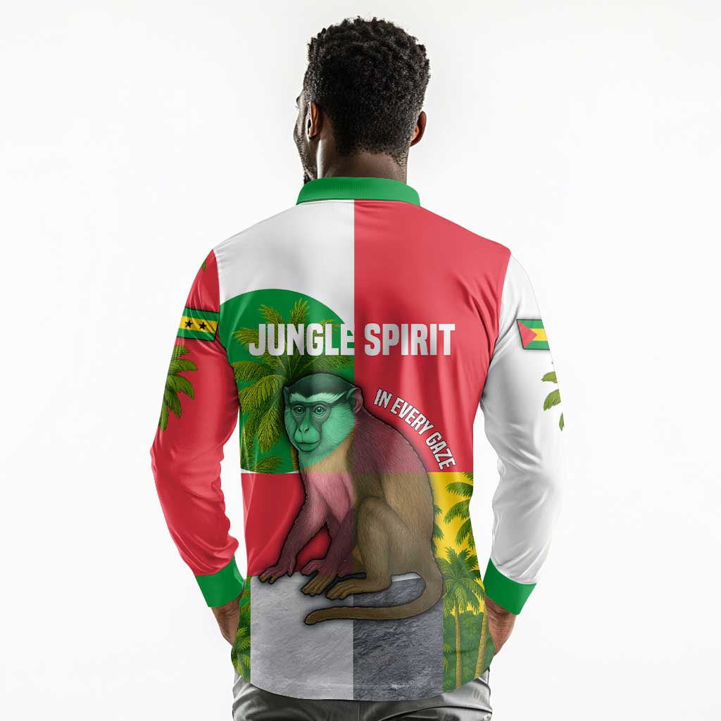 Jungle Spirit Monkey Long Sleeve Polo Shirt Sao Tome and Principe Tropical Flag Color - African Pride