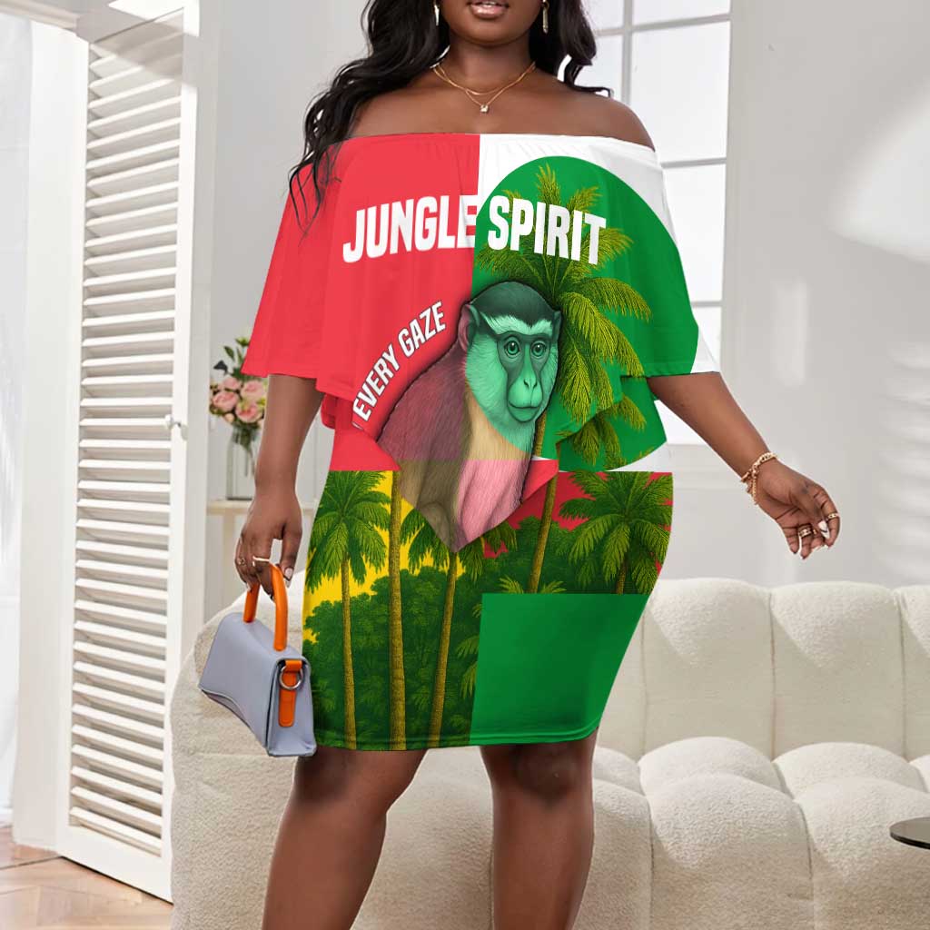 Jungle Spirit Monkey Off Shoulder Short Dress Sao Tome and Principe Tropical Flag Color - African Pride