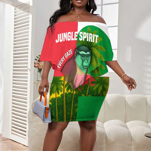 Jungle Spirit Monkey Off Shoulder Short Dress Sao Tome and Principe Tropical Flag Color - African Pride