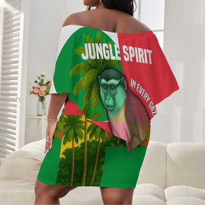 Jungle Spirit Monkey Off Shoulder Short Dress Sao Tome and Principe Tropical Flag Color - African Pride