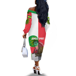 Jungle Spirit Monkey Off The Shoulder Long Sleeve Dress Sao Tome and Principe Tropical Flag Color - African Pride