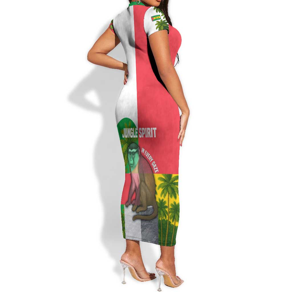 Jungle Spirit Monkey Short Sleeve Bodycon Dress Sao Tome and Principe Tropical Flag Color - African Pride