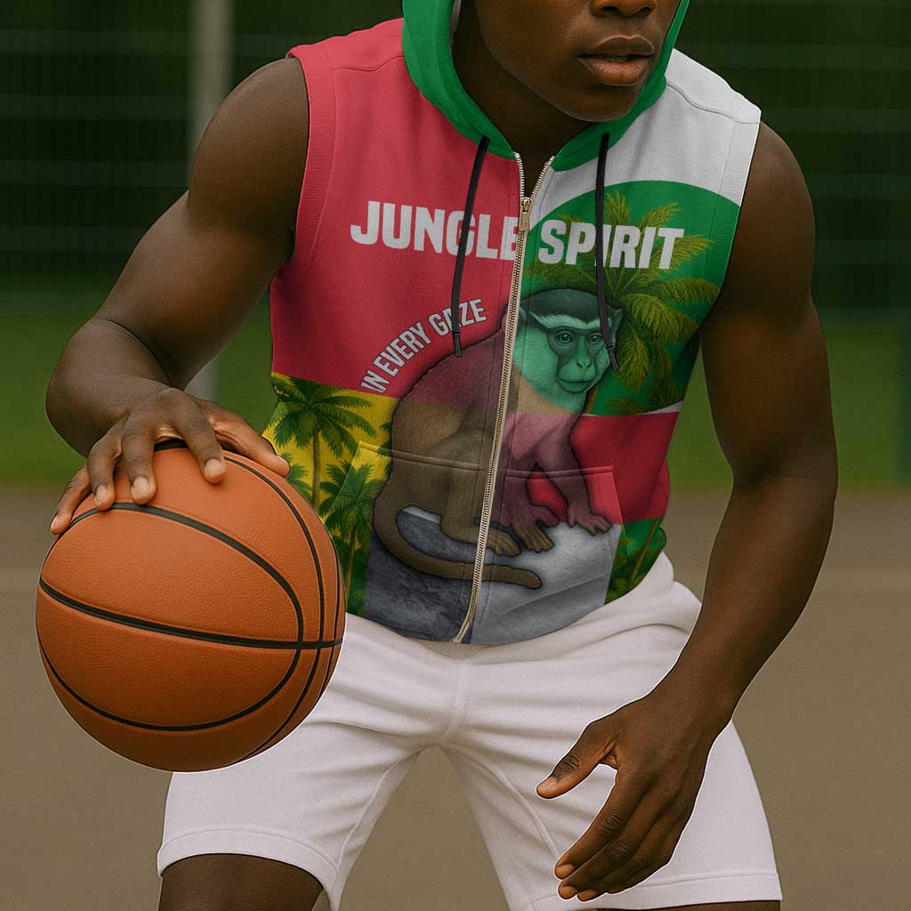 Jungle Spirit Monkey Sleeveless Zip Hoodie Sao Tome and Principe Tropical Flag Color - African Pride