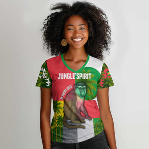 Jungle Spirit Monkey Women V-Neck T-Shirt Sao Tome and Principe Tropical Flag Color - African Pride
