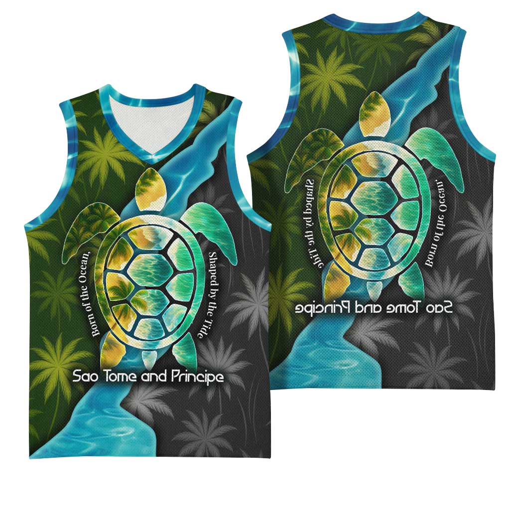Sea Turtle Sao Tome and Principe Basketball Jersey Ocean Tide and Tropical Palm - African Pride