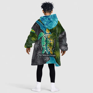 Sea Turtle Sao Tome and Principe Kid Wearable Blanket Hoodie Ocean Tide and Tropical Palm - African Pride