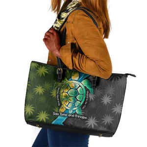 Sea Turtle Sao Tome and Principe Leather Tote Bag Ocean Tide and Tropical Palm - African Pride