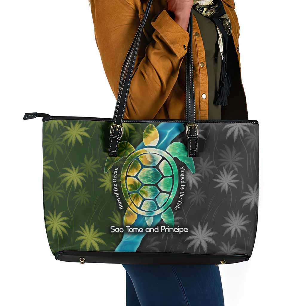 Sea Turtle Sao Tome and Principe Leather Tote Bag Ocean Tide and Tropical Palm - African Pride