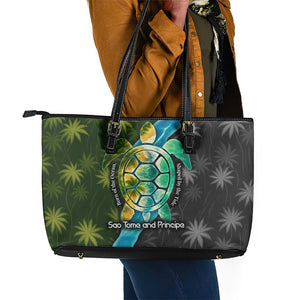 Sea Turtle Sao Tome and Principe Leather Tote Bag Ocean Tide and Tropical Palm - African Pride