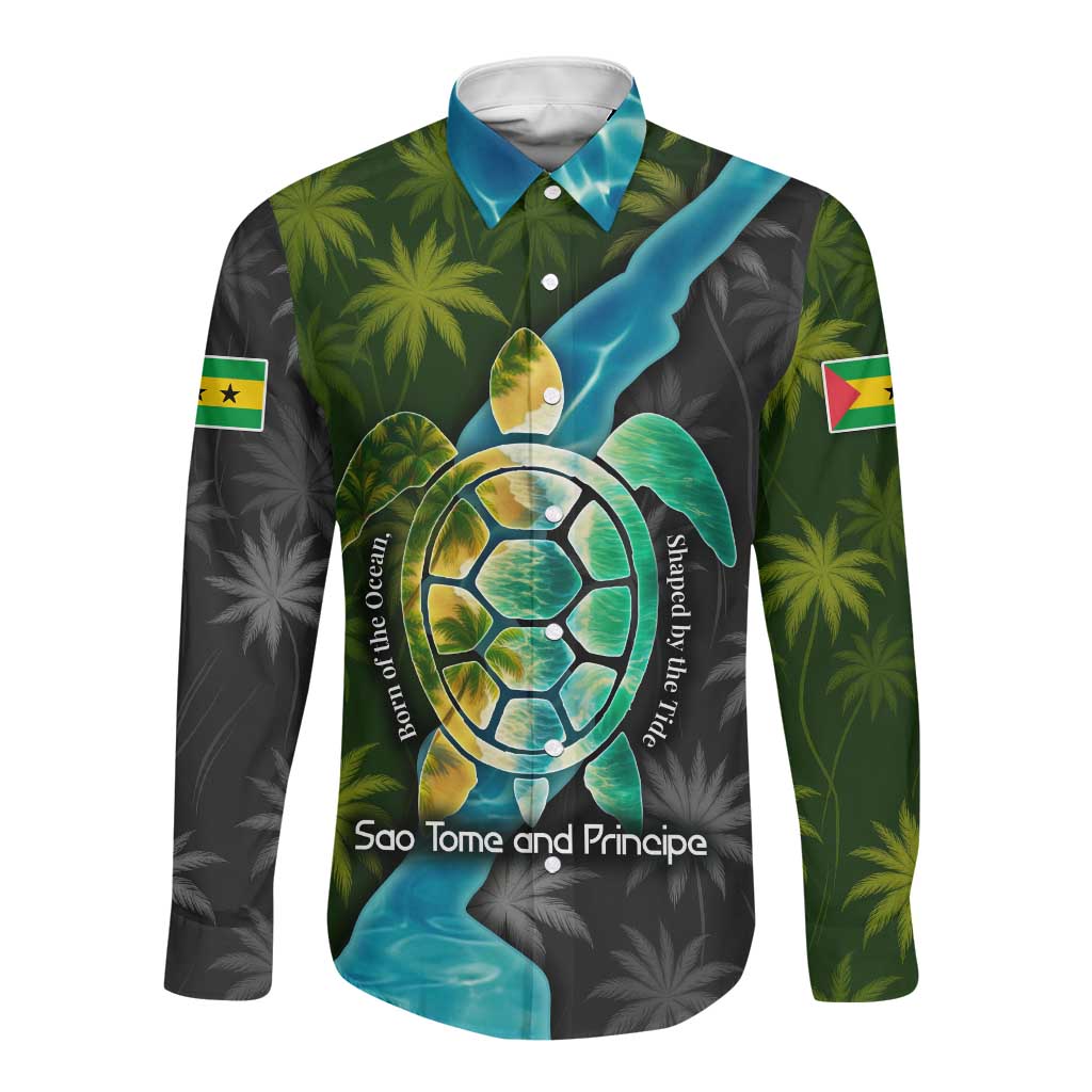 Sea Turtle Sao Tome and Principe Long Sleeve Button Shirt Ocean Tide and Tropical Palm - African Pride