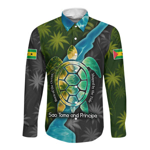 Sea Turtle Sao Tome and Principe Long Sleeve Button Shirt Ocean Tide and Tropical Palm - African Pride