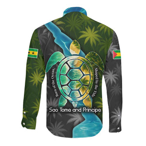 Sea Turtle Sao Tome and Principe Long Sleeve Button Shirt Ocean Tide and Tropical Palm - African Pride