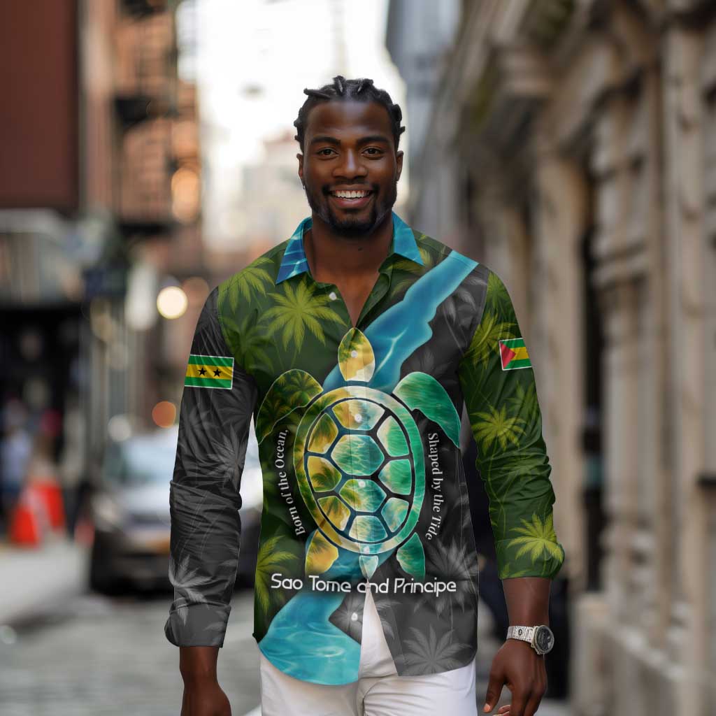 Sea Turtle Sao Tome and Principe Long Sleeve Button Shirt Ocean Tide and Tropical Palm - African Pride