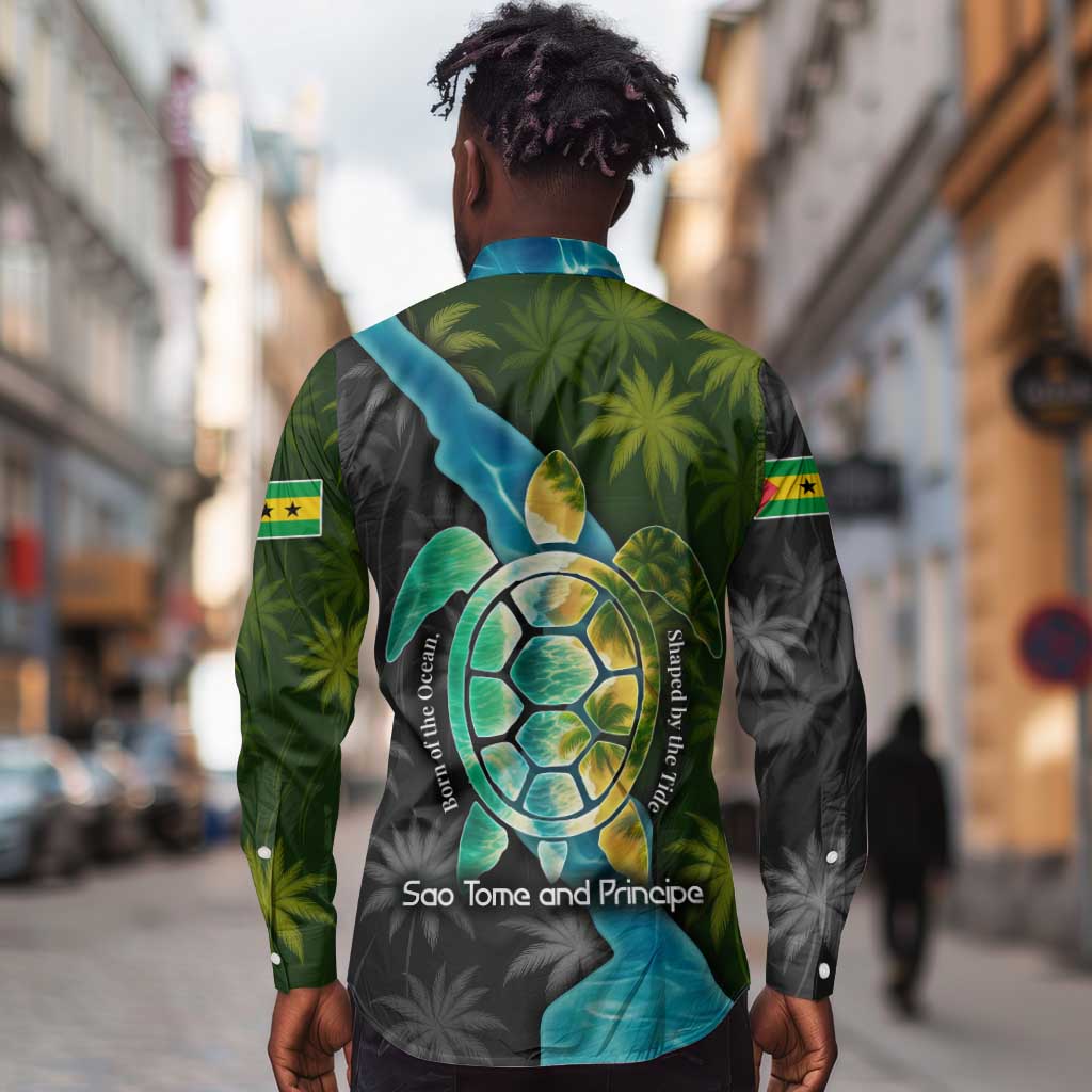 Sea Turtle Sao Tome and Principe Long Sleeve Button Shirt Ocean Tide and Tropical Palm - African Pride