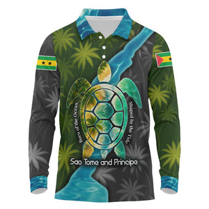 Sea Turtle Sao Tome and Principe Long Sleeve Polo Shirt Ocean Tide and Tropical Palm - African Pride