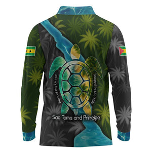 Sea Turtle Sao Tome and Principe Long Sleeve Polo Shirt Ocean Tide and Tropical Palm - African Pride