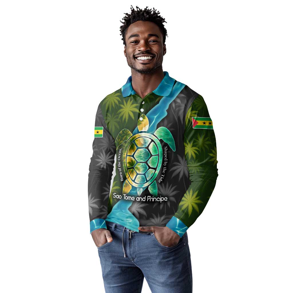 Sea Turtle Sao Tome and Principe Long Sleeve Polo Shirt Ocean Tide and Tropical Palm - African Pride