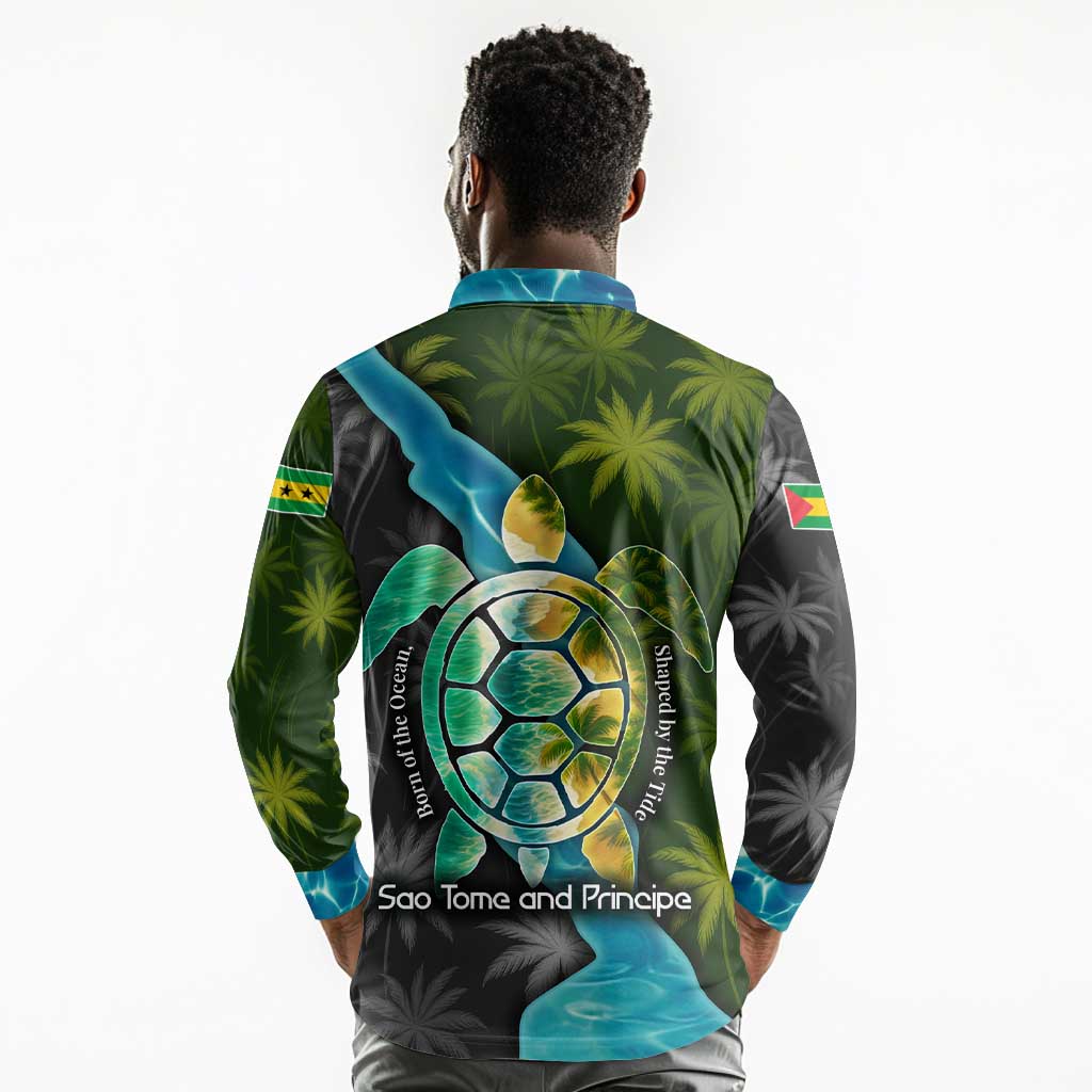 Sea Turtle Sao Tome and Principe Long Sleeve Polo Shirt Ocean Tide and Tropical Palm - African Pride