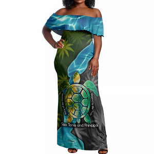 Sea Turtle Sao Tome and Principe Off Shoulder Maxi Dress Ocean Tide and Tropical Palm - African Pride