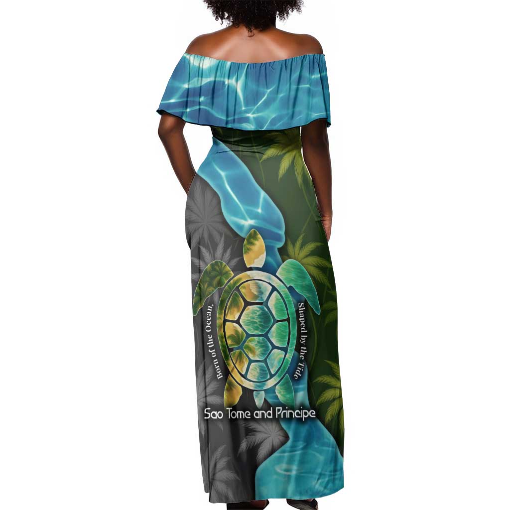 Sea Turtle Sao Tome and Principe Off Shoulder Maxi Dress Ocean Tide and Tropical Palm - African Pride