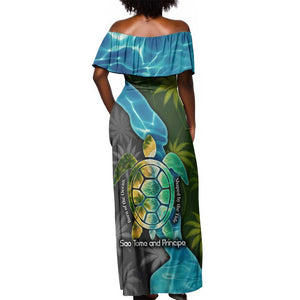 Sea Turtle Sao Tome and Principe Off Shoulder Maxi Dress Ocean Tide and Tropical Palm - African Pride