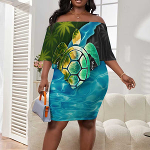 Sea Turtle Sao Tome and Principe Off Shoulder Short Dress Ocean Tide and Tropical Palm - African Pride