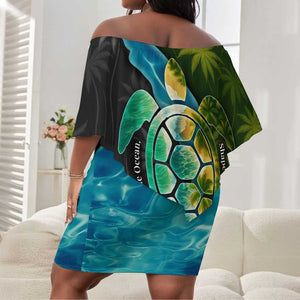 Sea Turtle Sao Tome and Principe Off Shoulder Short Dress Ocean Tide and Tropical Palm - African Pride