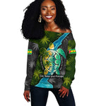 Sea Turtle Sao Tome and Principe Off Shoulder Sweater Ocean Tide and Tropical Palm - African Pride