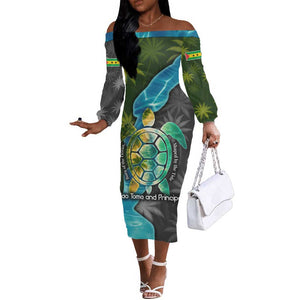 Sea Turtle Sao Tome and Principe Off The Shoulder Long Sleeve Dress Ocean Tide and Tropical Palm - African Pride