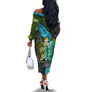 Sea Turtle Sao Tome and Principe Off The Shoulder Long Sleeve Dress Ocean Tide and Tropical Palm - African Pride