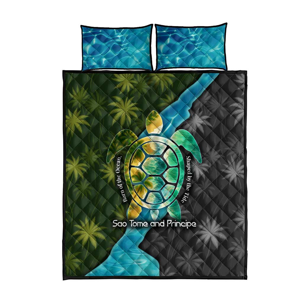 Sea Turtle Sao Tome and Principe Quilt Bed Set Ocean Tide and Tropical Palm - African Pride