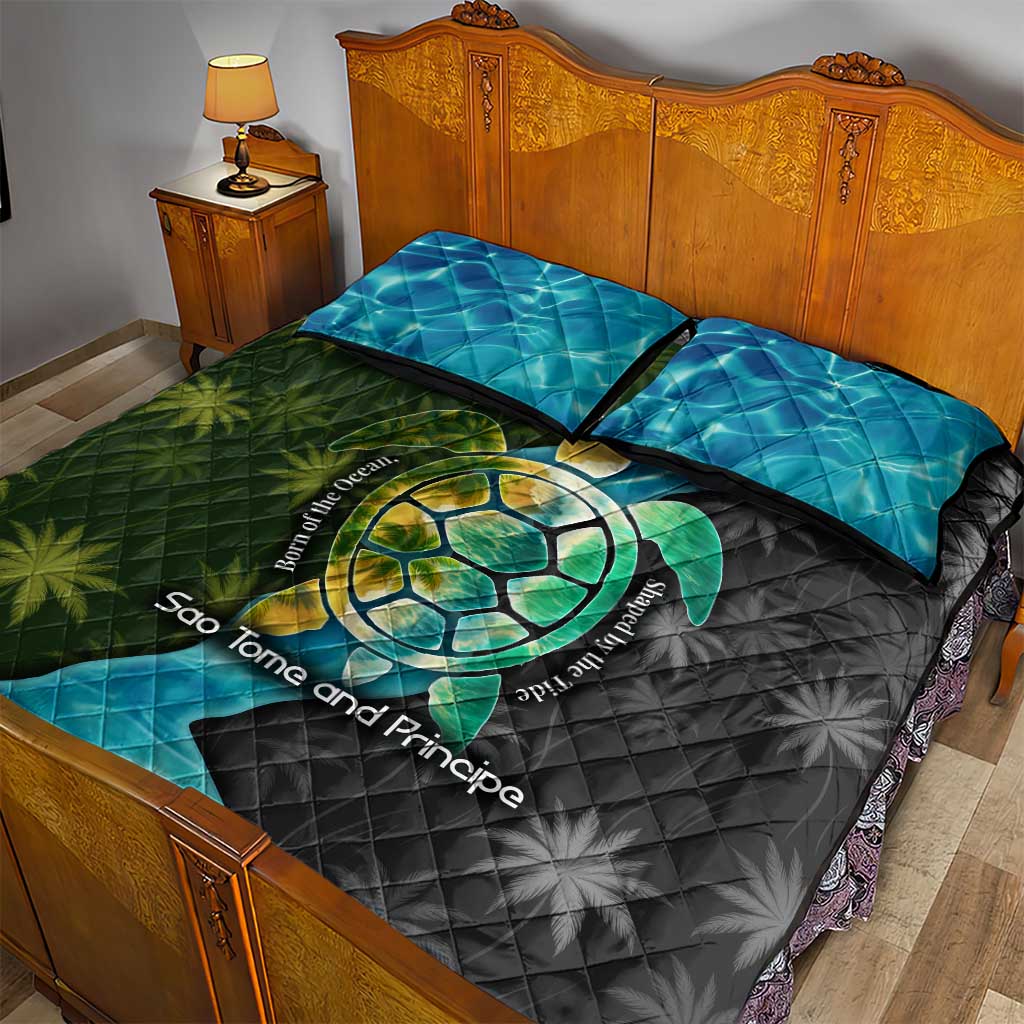 Sea Turtle Sao Tome and Principe Quilt Bed Set Ocean Tide and Tropical Palm - African Pride