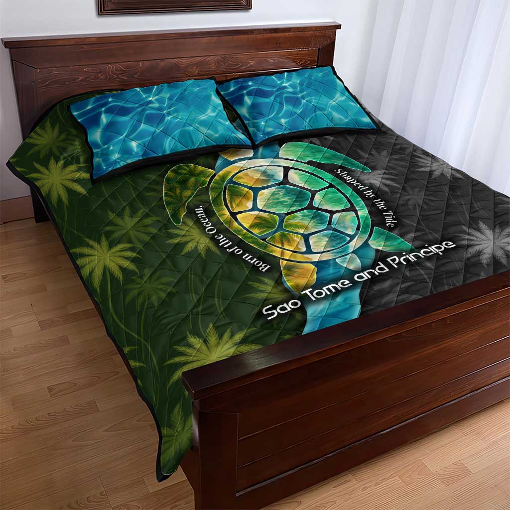 Sea Turtle Sao Tome and Principe Quilt Bed Set Ocean Tide and Tropical Palm - African Pride