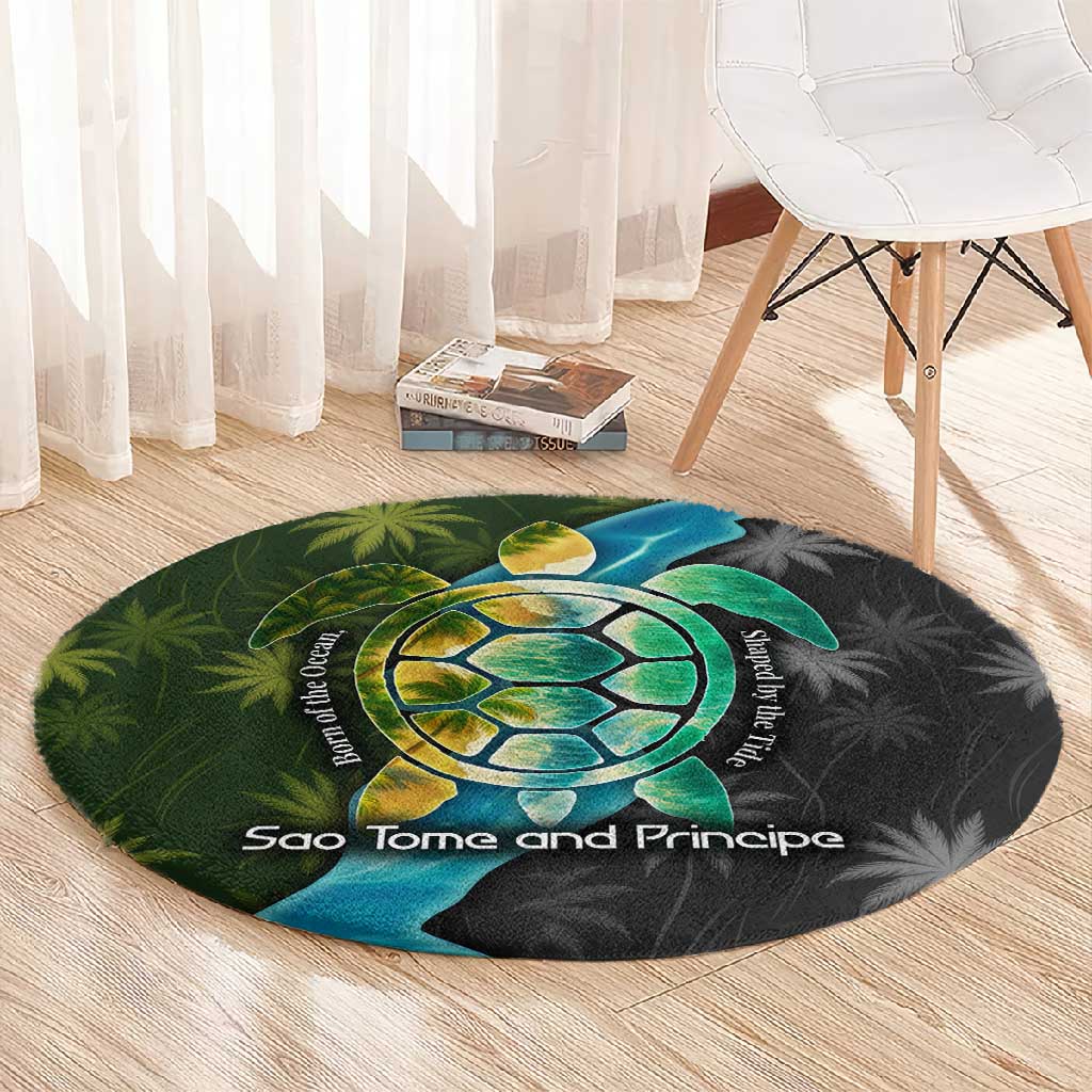 Sea Turtle Sao Tome and Principe Round Carpet Ocean Tide and Tropical Palm - African Pride