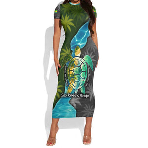 Sea Turtle Sao Tome and Principe Short Sleeve Bodycon Dress Ocean Tide and Tropical Palm - African Pride