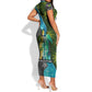 Sea Turtle Sao Tome and Principe Short Sleeve Bodycon Dress Ocean Tide and Tropical Palm - African Pride