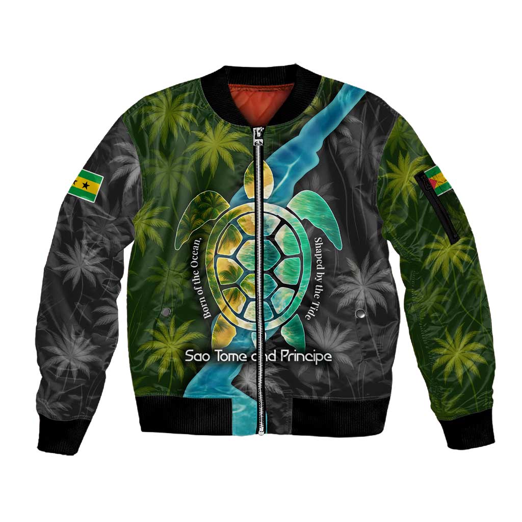 Sea Turtle Sao Tome and Principe Sleeve Zip Bomber Jacket Ocean Tide and Tropical Palm - African Pride